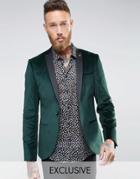 Noose & Monkey Super Skinny Blazer In Velvet With Contrast Collar - Green