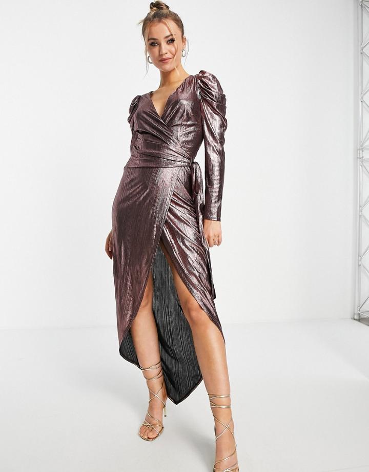Little Mistress Tie Waist Maxi Dress In Metallic-pink