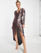 Little Mistress Tie Waist Maxi Dress In Metallic-pink