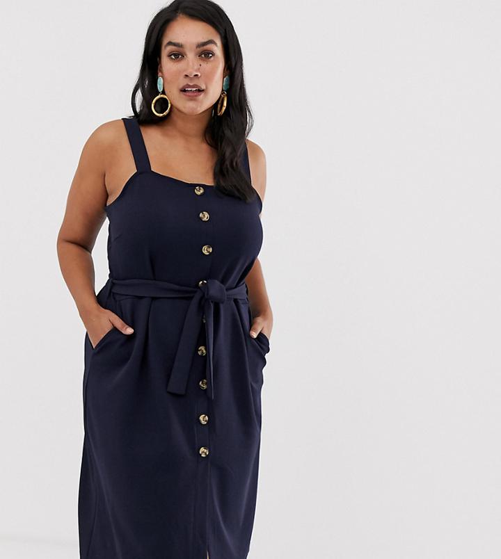 Vero Moda Curve Button Through Square Neck Dress - Navy