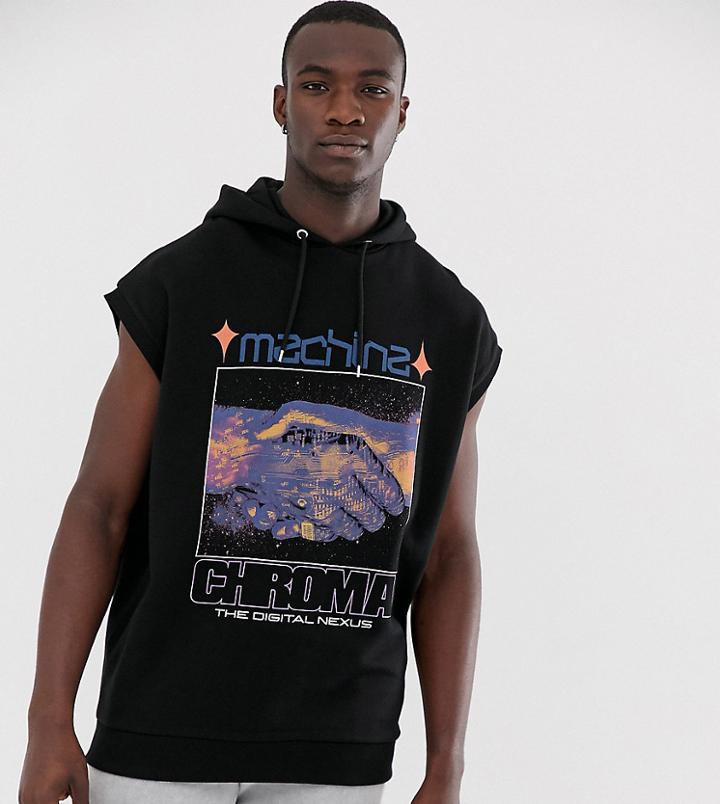 Asos Design Tall Oversized Short Sleeve Hoodie With Chest Print - Black