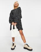Daisy Street Long Sleeve Mini Smock Dress In Star Print-black
