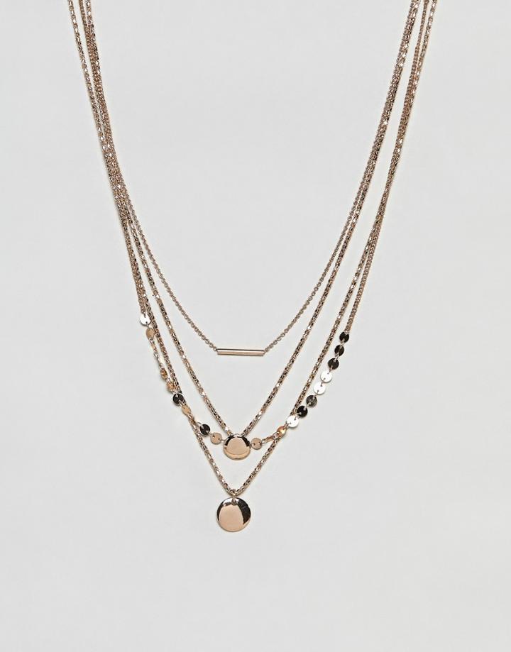 Asos Design Multirow Necklace With Disc And Bar Pendants In Gold - Gold