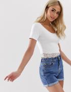 Asos Design Fitted Top In Rib With Lace - White