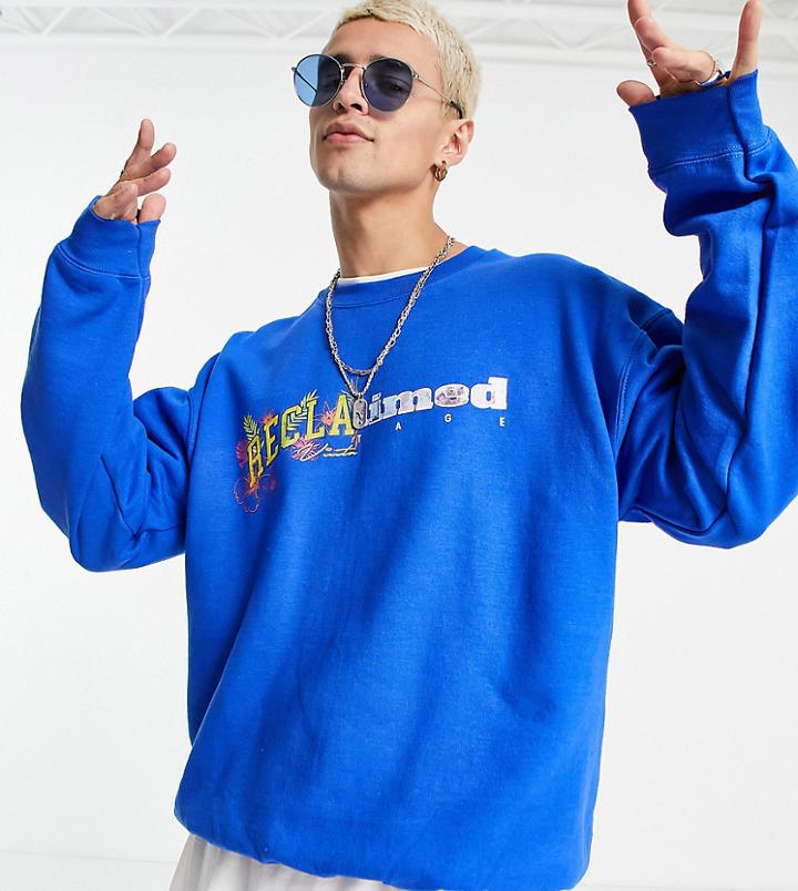 Reclaimed Vintage Inspired Sweatshirt In Blue With Spliced Logo Print-blues