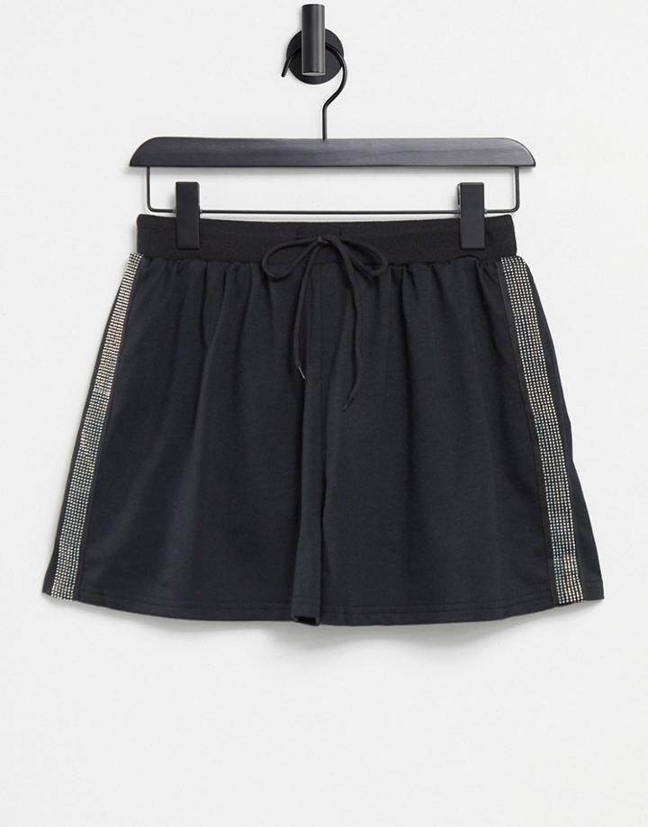 Parisian Running Shorts With Rhinestone Stripe In Black