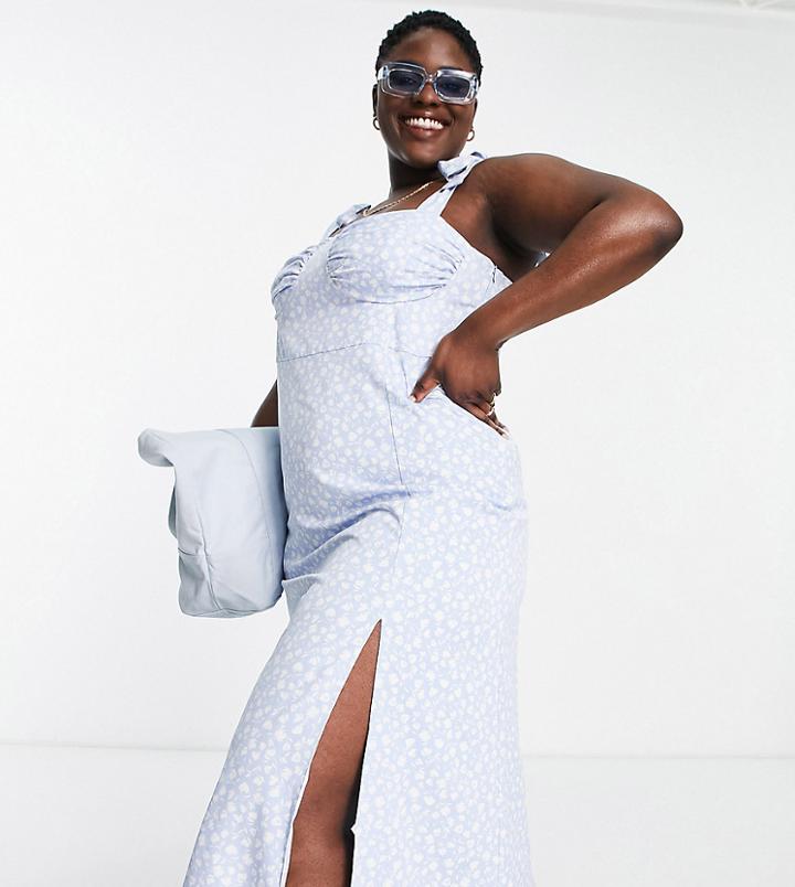 The Frolic Plus Cami Maxi Dress With Tie Straps And Ruched Bust In Vintage Ditsy Floral-blue
