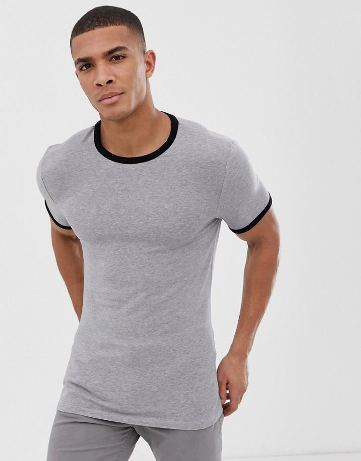 Asos Design Muscle Fit Crew Neck T-shirt With Contrast Ringer In Gray-multi