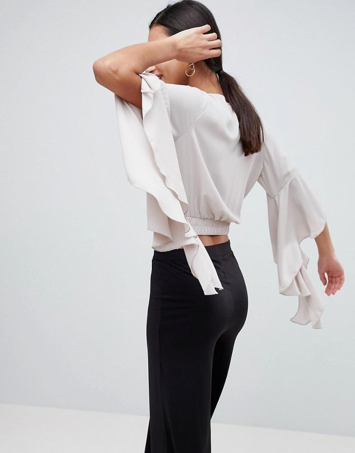 Love Wrap Crop Top With Sleeve Detail - Beige