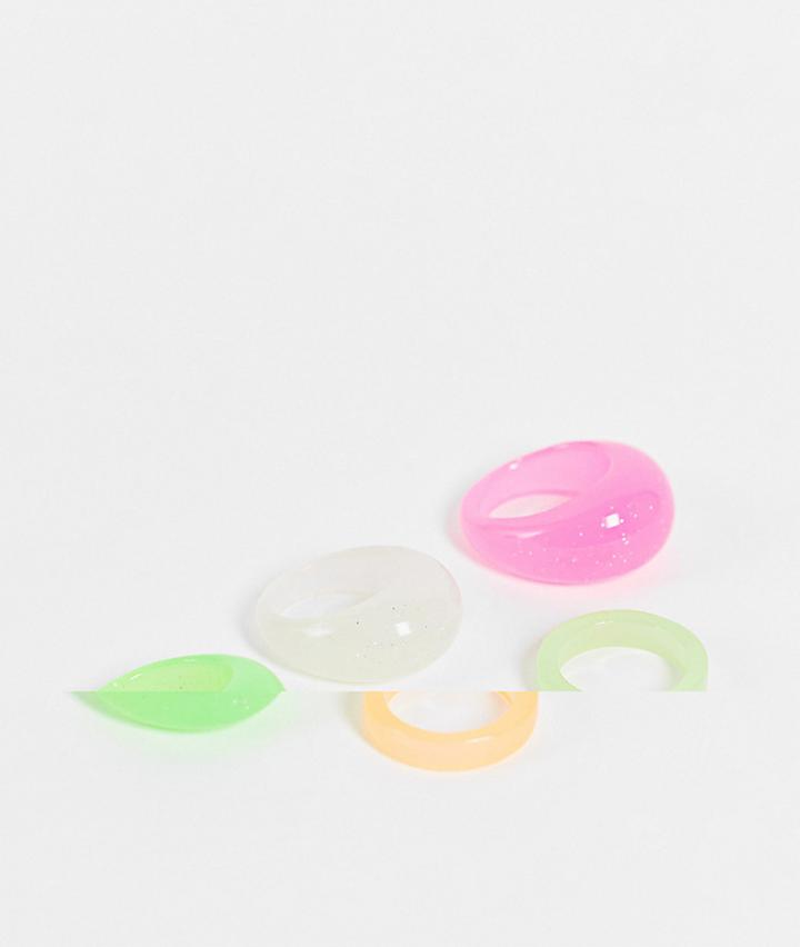 Asos Design Pack Of 5 Rings In Glow In The Dark Plastic-multi