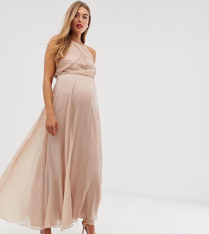 Asos Design Maternity Bridesmaid Pinny Maxi Dress With Ruched Bodice-pink