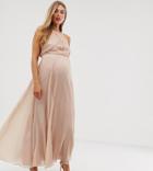 Asos Design Maternity Bridesmaid Pinny Maxi Dress With Ruched Bodice-pink