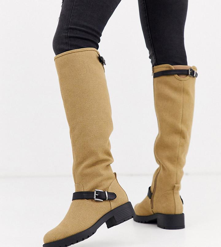 Asos Design Wide Fit Broadcast Biker Knee High Boots In Khaki-green