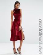 Asos Tall Velvet Midi Dress With Splices And Cut Out Shoulder Detail -