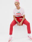 Asos Design Holidays Relaxed T-shirt With Merry Crimbo Print - Pink