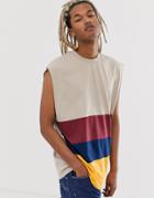Asos Design Oversized Longline Sleeveless T-shirt With Color Block In Beige