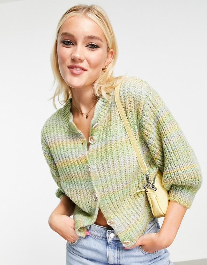 Topshop Knitted Space Dye Short Sleeve Cardi-green