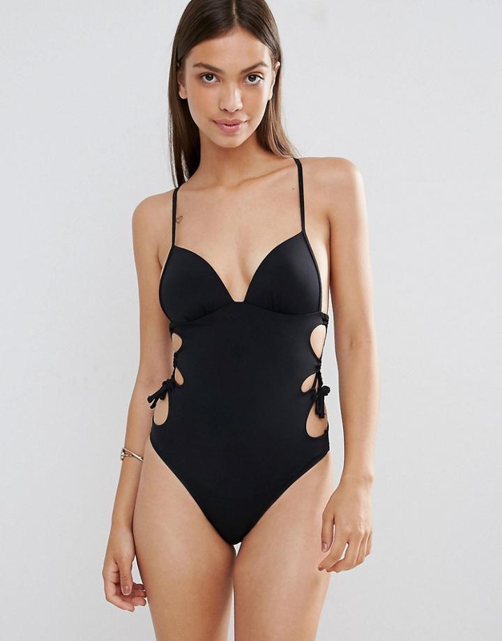 New Look Lace Up Molded Swimsuit - Black