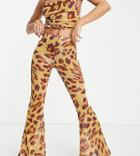 Asyou Glitter Mesh Flare Pants In Leopard Print - Part Of A Set-multi