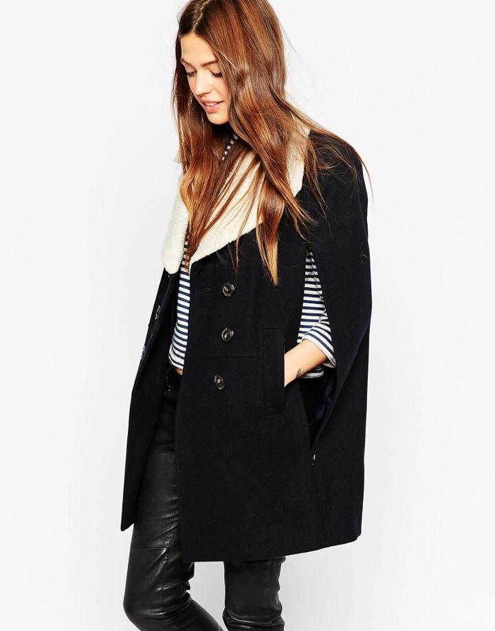 Asos Cape With Fleece Collar - Navy