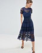 Bodyfrock Cap Sleeve Midi Dress With Border Lace - Navy