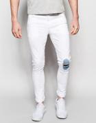 Asos Super Skinny Jeans With Knee Rips And Patch Detail - White