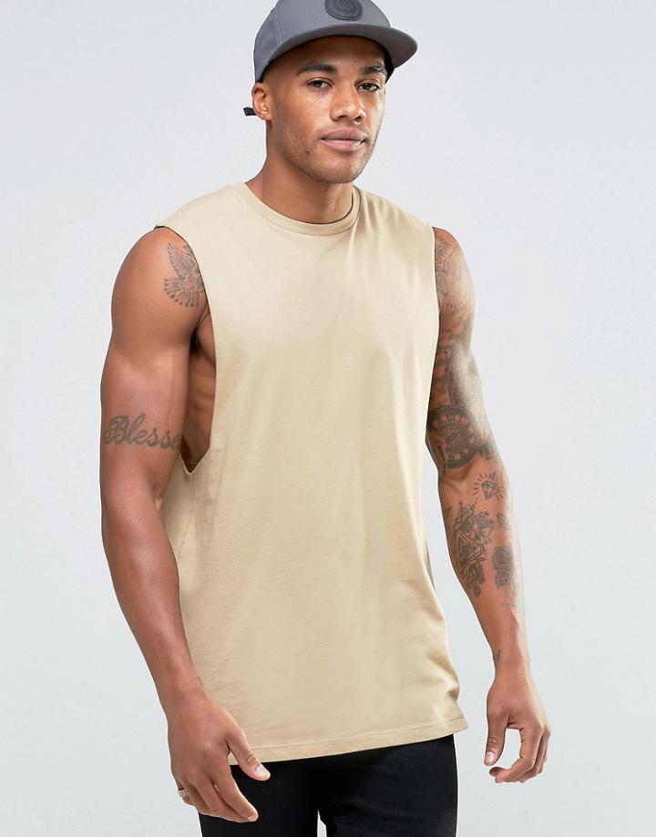 Asos Longline Sleeveless T-shirt With Dropped Armhole In Brown - Brown