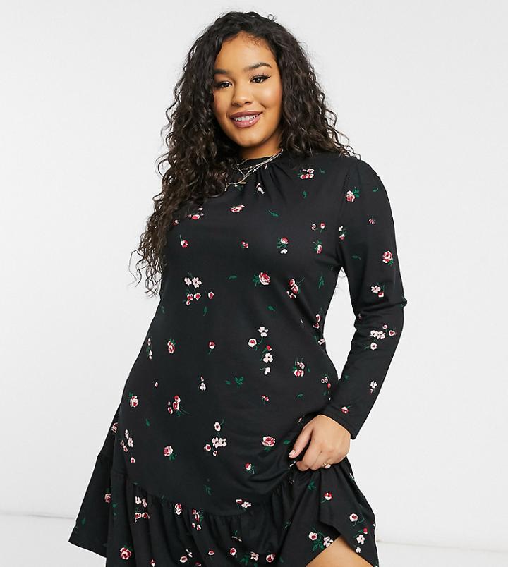 New Look Curve High Neck Soft Touch Smock Dress In Black Floral Print