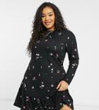 New Look Curve High Neck Soft Touch Smock Dress In Black Floral Print