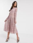 Asos Design Long Sleeve Prom Dress In Lace With Circle Trim Details-pink