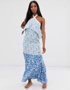 Asos Design High Neck Tiered Maxi Beach Dress In Mixed Paisley Print - Multi