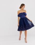 Chi Chi London Off Shoulder Midi Dress With Bow Front And Premium Lace Detail-navy