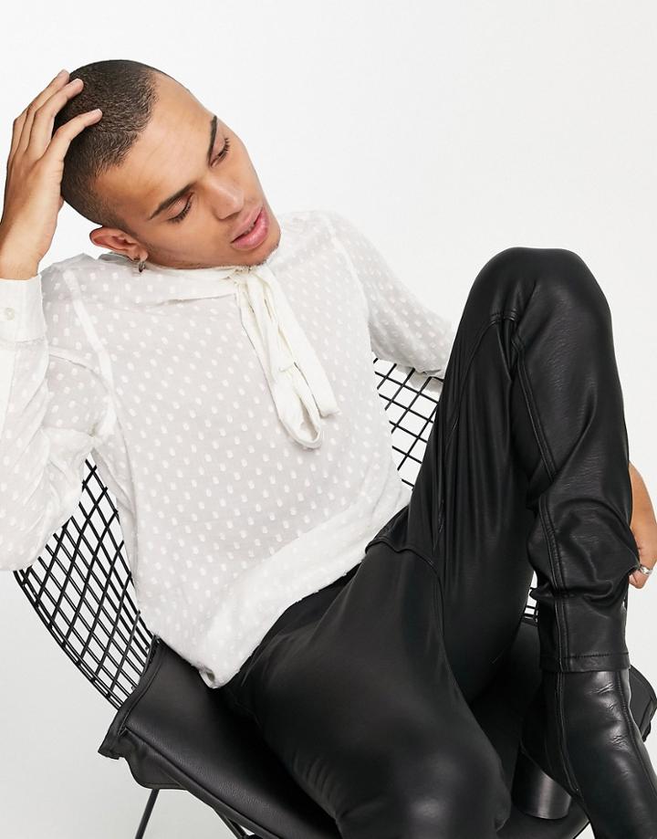 Asos Design Regular Shirt With Pussybow Neck In Natural Textured Cotton-white