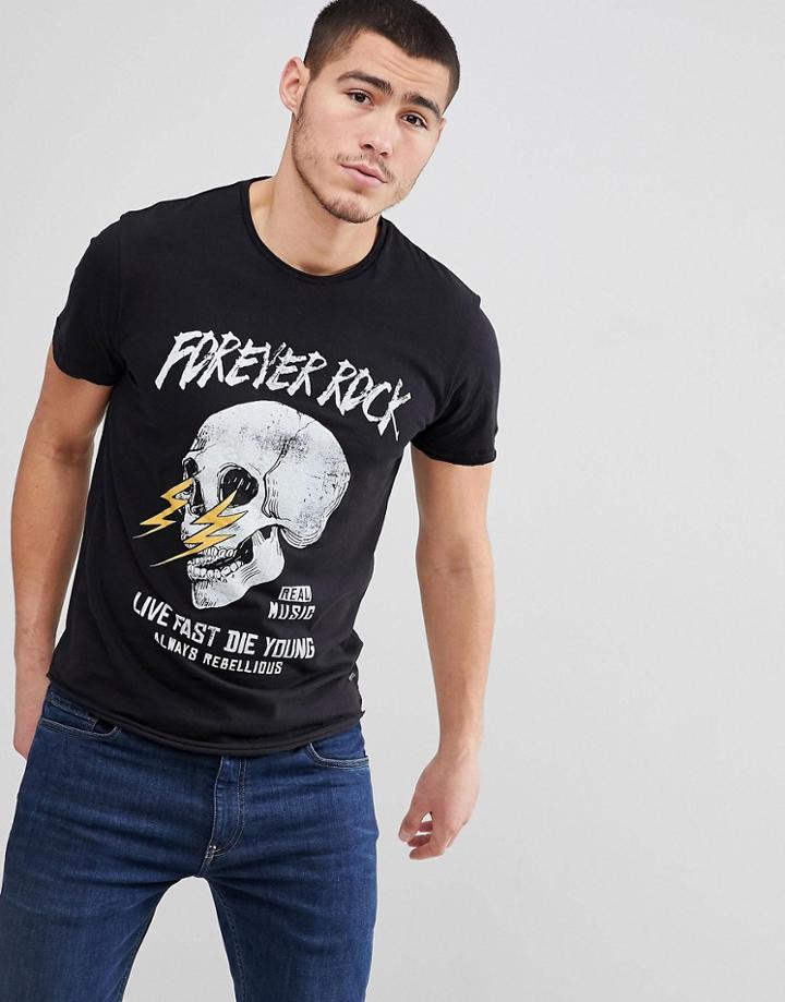 Solid T-shirt With Forever Rock Skull Print - Black