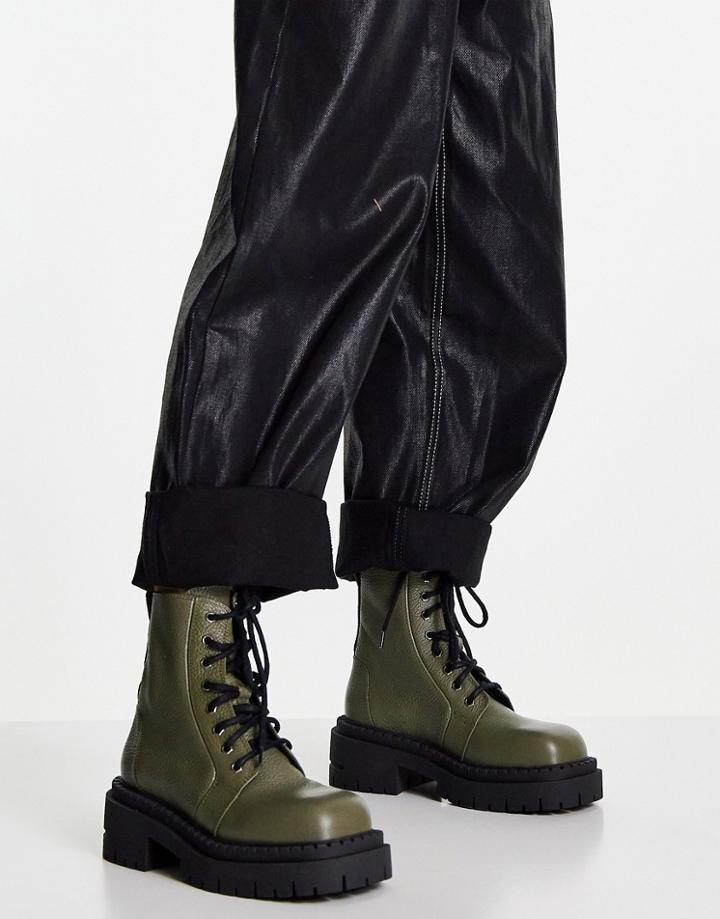 Topshop Ariana Chunky Lace Up Leather Boot In Khaki-green