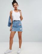 Chorus Floral Embroidery Distressed Denim Skirt-blue