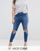 Asos Curve High Waist Ridley Skinny Jean In Roy Darkwash With Rip & Busts - Blue