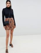 Asos Design Pleated Mini Skirt In Tiger Print With Gold Buttons - Multi