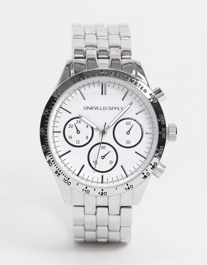 Asos Design Chunky Bracelet Watch With White Dial In Silver Tone