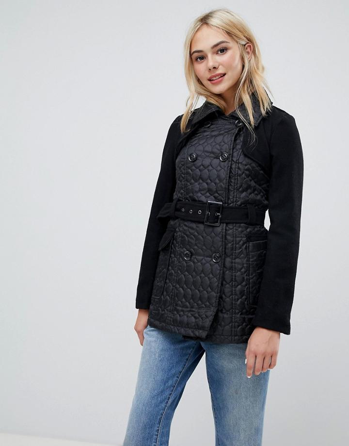 Brave Soul Lemar Trench Coat With Oval Quilt Detail - Black