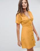 Asos Design Button Through Mini Dress With Lace Inserts - Yellow