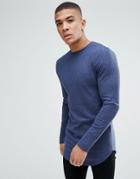 Asos Super Longline Muscle Long Sleeve T-shirt In Textured Rib In Blue Marl - Blue