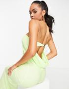 Asos Design Bandeau Drape Back Satin Midi Dress In Lime-green