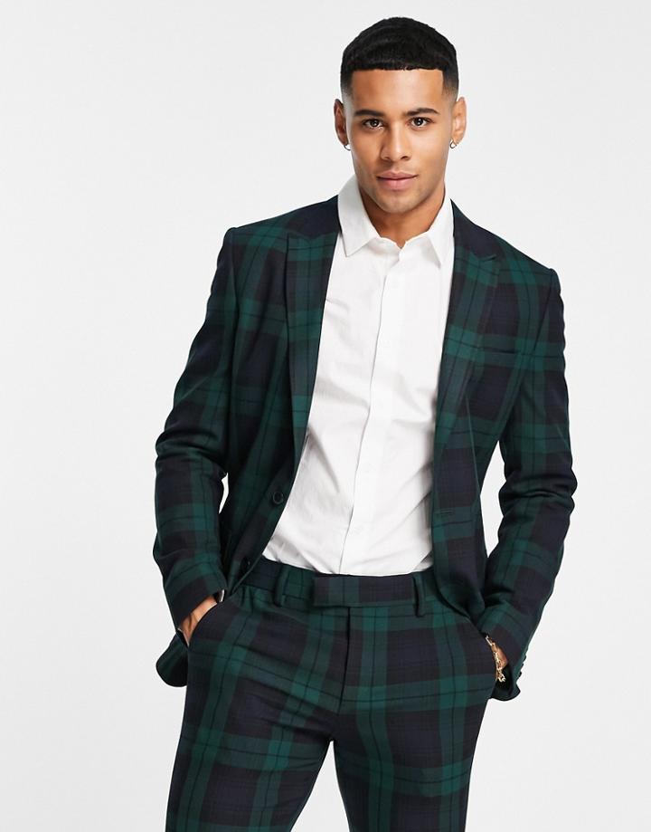 Asos Design Super Skinny Suit Jacket In Dark Green Blackwatch Tartan Check