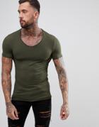 Asos Design Muscle Fit T-shirt With Raw Edge Rounded V Neck In Green - Green
