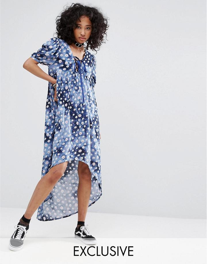 Milk It Vintage Lace Up Dress In Ditsy Tie Dye Floral - Multi