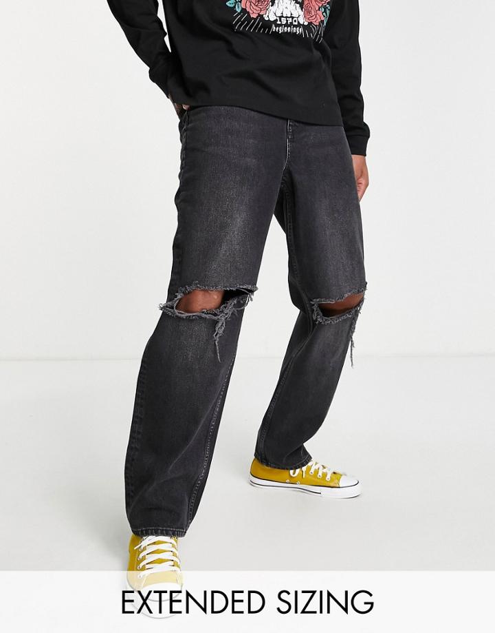 Asos Design Baggy Jeans In Black With Busted Knees