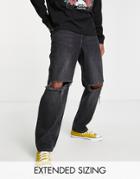 Asos Design Baggy Jeans In Black With Busted Knees