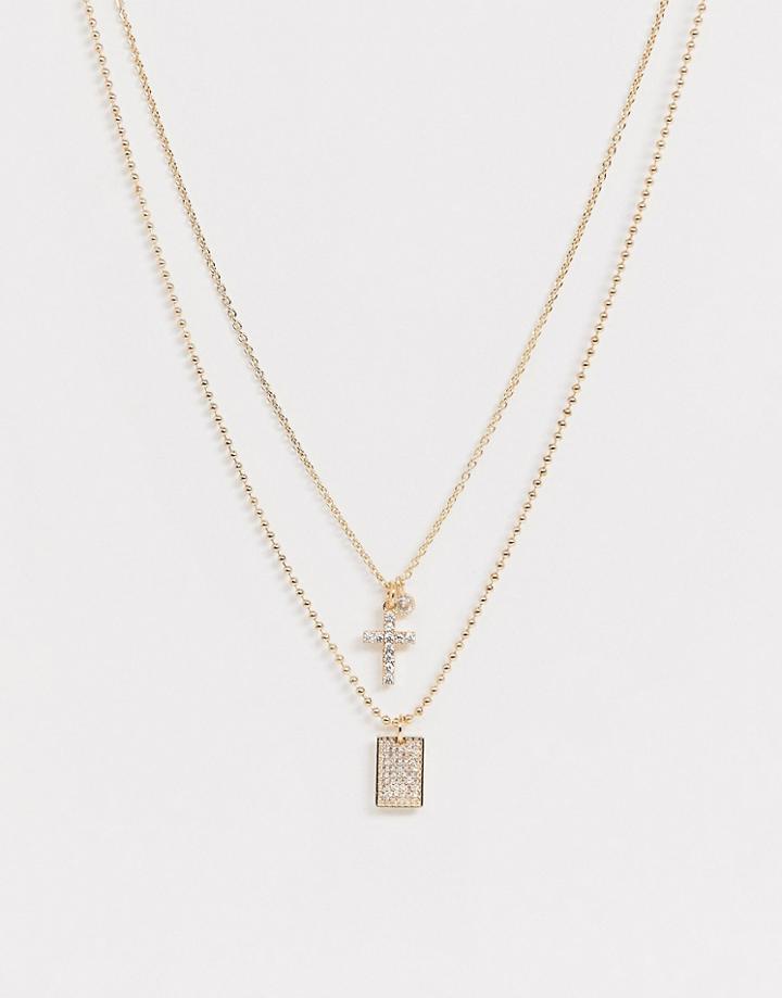 Asos Design Multirow Necklace With Cubic Zirconia Cross And Tag Pendants In Gold Tone - Gold