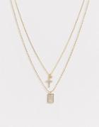 Asos Design Multirow Necklace With Cubic Zirconia Cross And Tag Pendants In Gold Tone - Gold